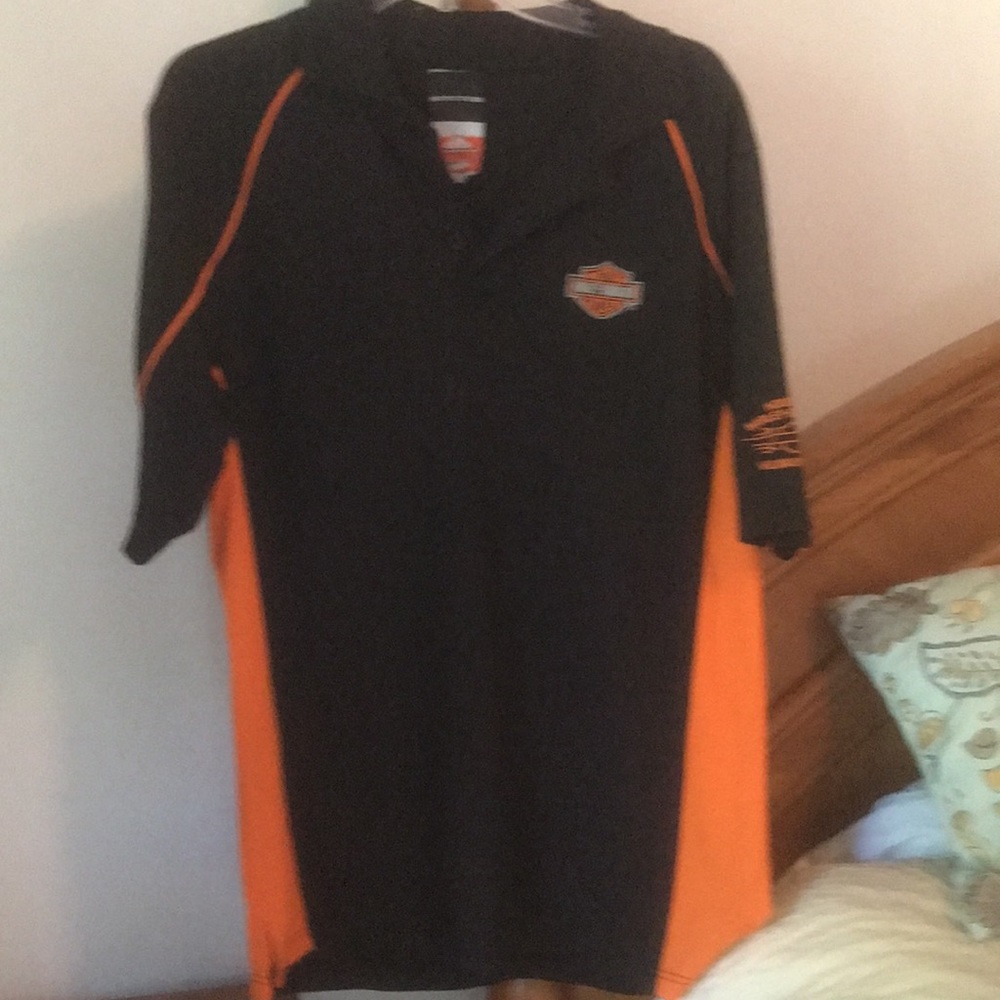 Harley Davidson Black and Orange Polo Shirt Size Medium